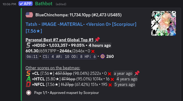 Screenshot of a Discord message from Bathbot showing previous scores from BlueChinchompa on Image material. It shows his current top score a Hidden + Sudden Death FC with 99% as well as a S rank with no mod with 1 sliderbreak as the 2nd and a half time A rank.